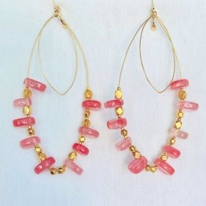 NWOT Gold Wire Hoop Earrings Shauna Neely Pink Quartz Bead 10K